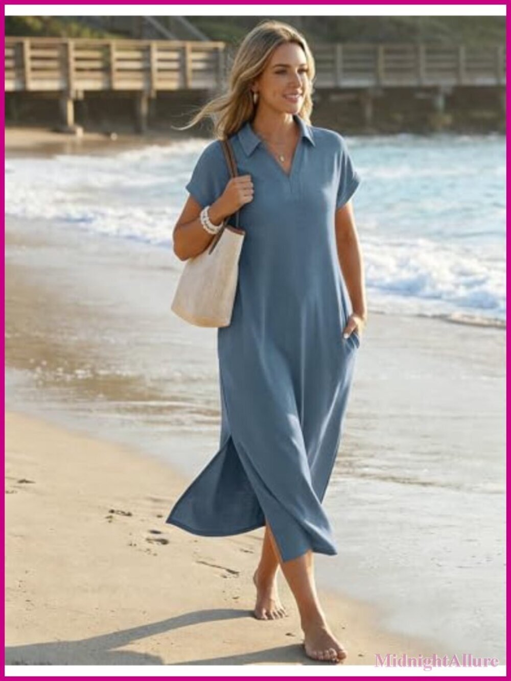 Women's Casual Maxi Dress V Neck Cap Sleeve Collared Beach Vacation T Shirt - Picture 5 of 6